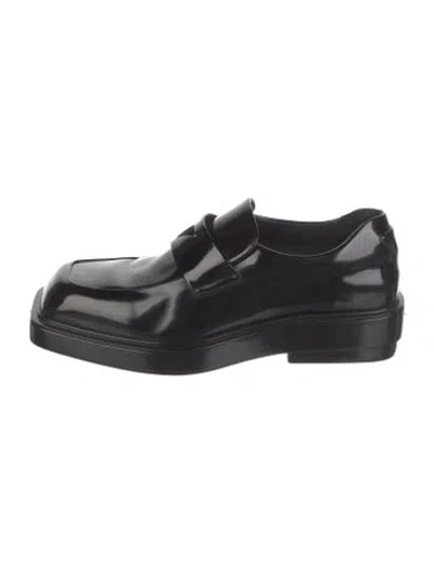 Pre-owned Prada Enameled Metal Triangle Leather Loafers In Black