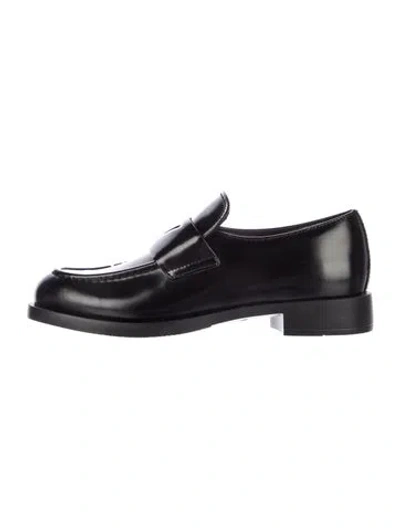 Pre-owned Prada Enameled Metal Triangle Leather Loafers In Black