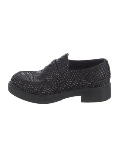Pre-owned Prada Enameled Metal Triangle Leather Loafers In Black
