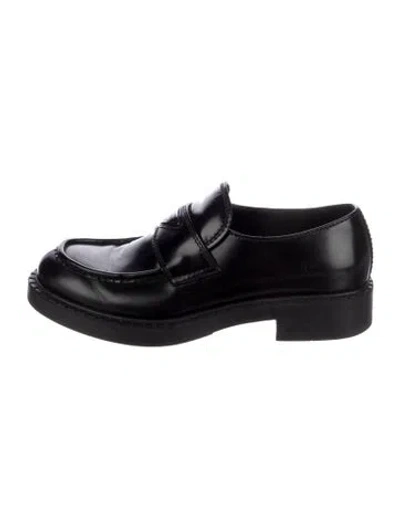 Pre-owned Prada Enameled Metal Triangle Leather Loafers In Black
