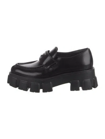 Pre-owned Prada Enameled Metal Triangle Leather Loafers In Black