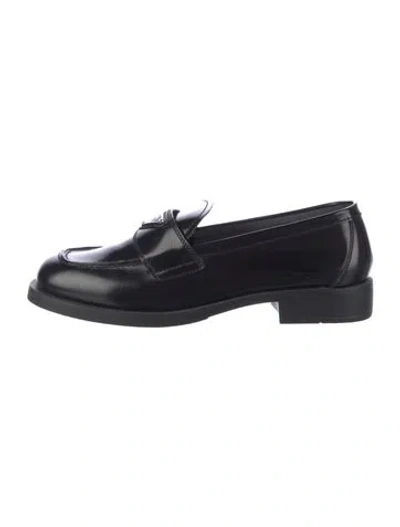 Pre-owned Prada Enameled Metal Triangle Leather Loafers In Black