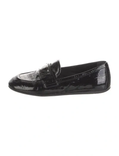 Pre-owned Prada Enameled Metal Triangle Leather Loafers In Black