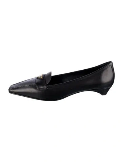 Pre-owned Prada Enameled Metal Triangle Leather Loafers In Black