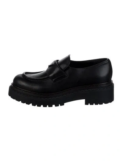 Pre-owned Prada Enameled Metal Triangle Leather Loafers In Black