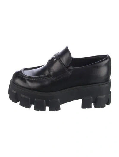 Pre-owned Prada Enameled Metal Triangle Leather Loafers In Black