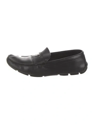 Pre-owned Prada Enameled Metal Triangle Leather Loafers In Black