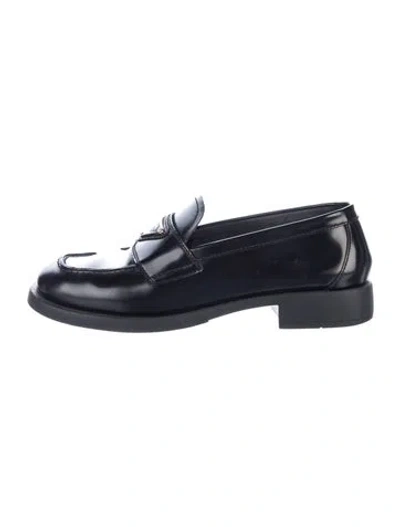 Pre-owned Prada Enameled Metal Triangle Leather Loafers In Black