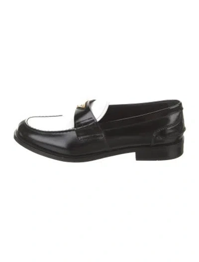 Pre-owned Prada Enameled Metal Triangle Leather Loafers In Black