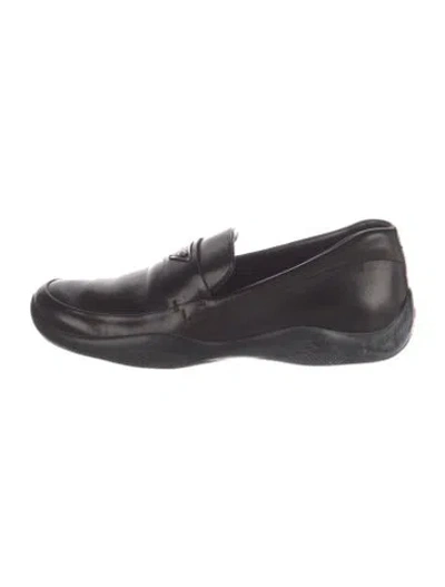 Pre-owned Prada Enameled Metal Triangle Leather Loafers In Black