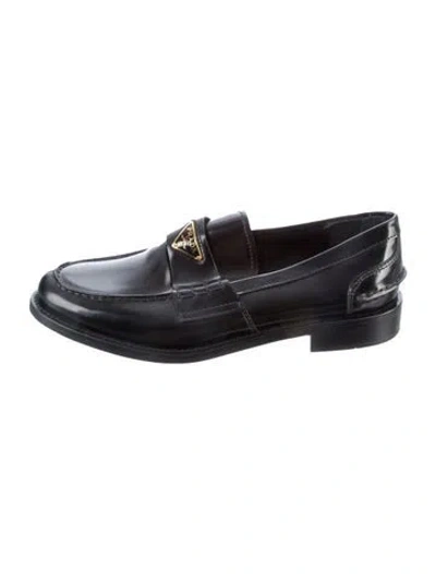 Pre-owned Prada Enameled Metal Triangle Leather Loafers In Black