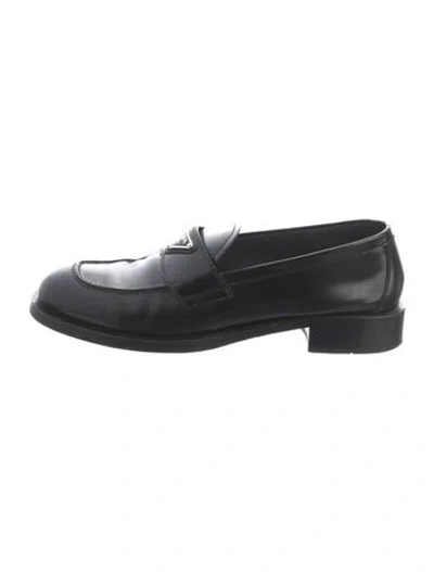 Pre-owned Prada Enameled Metal Triangle Leather Loafers In Black