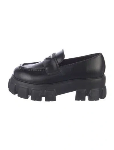 Pre-owned Prada Enameled Metal Triangle Leather Loafers In Black