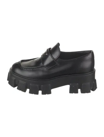 Pre-owned Prada Enameled Metal Triangle Leather Loafers In Black