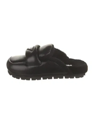 Pre-owned Prada Enameled Metal Triangle Leather Loafers In Black