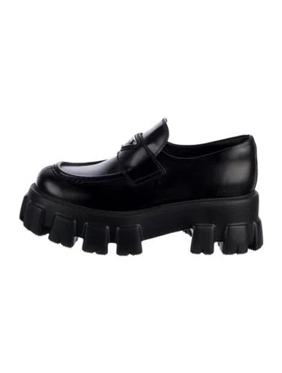 Pre-owned Prada Enameled Metal Triangle Leather Loafers In Black