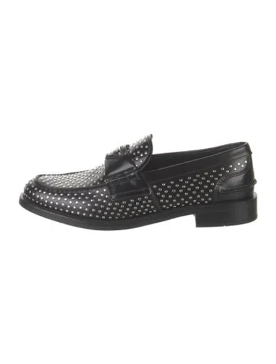 Pre-owned Prada Enameled Metal Triangle Leather Loafers In Black