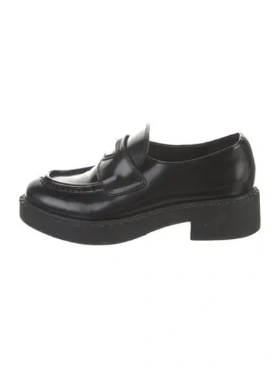 Pre-owned Prada Enameled Metal Triangle Leather Loafers In Black