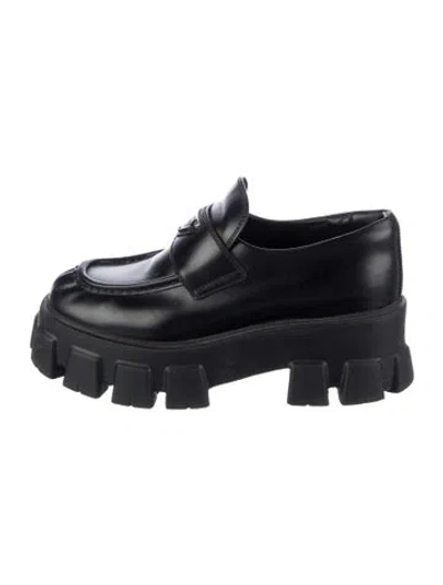 Pre-owned Prada Enameled Metal Triangle Leather Loafers In Black