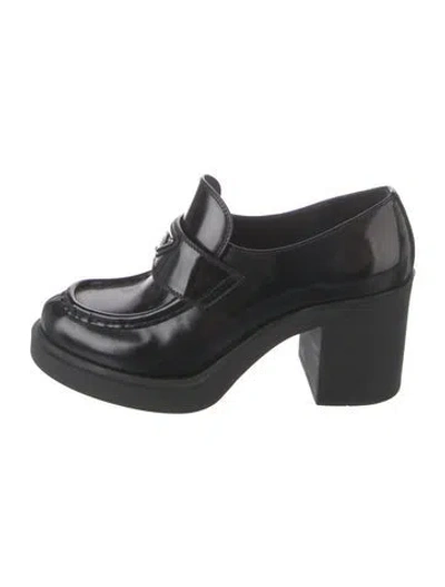 Pre-owned Prada Enameled Metal Triangle Leather Loafers In Black