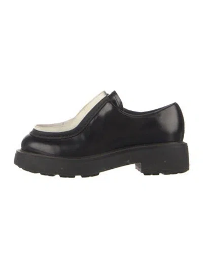 Pre-owned Prada Enameled Metal Triangle Leather Loafers In Black