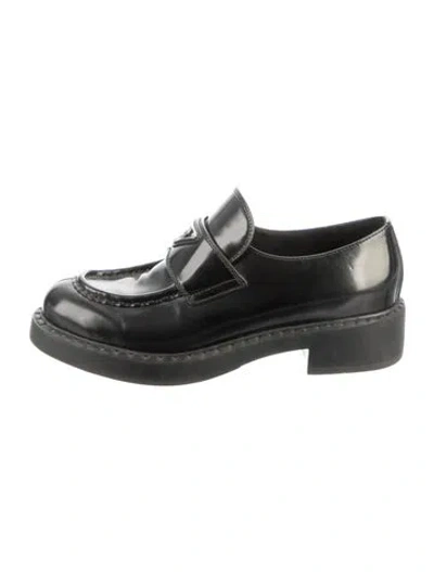Pre-owned Prada Enameled Metal Triangle Leather Loafers In Black
