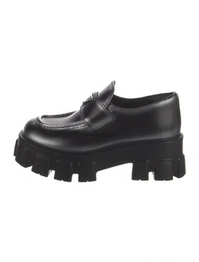 Pre-owned Prada Enameled Metal Triangle Leather Loafers In Black
