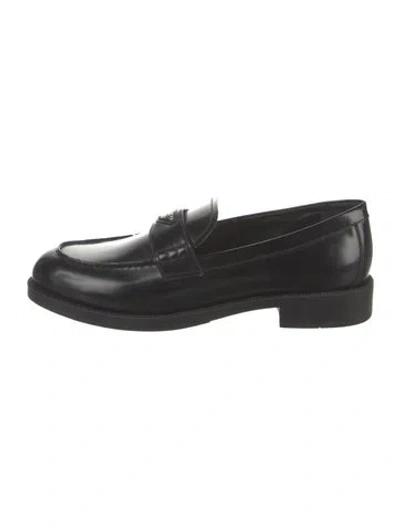 Pre-owned Prada Enameled Metal Triangle Leather Loafers In Black