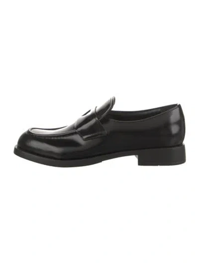 Pre-owned Prada Enameled Metal Triangle Leather Loafers In Black