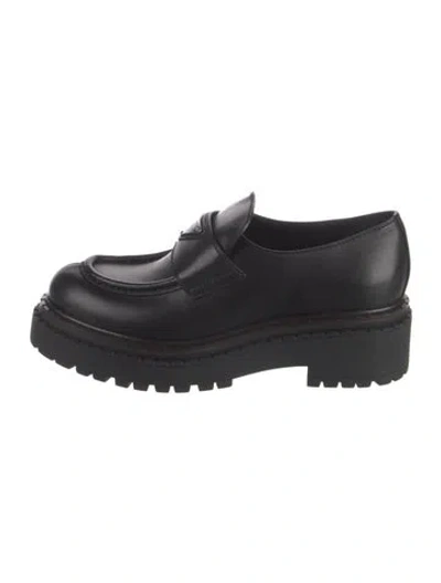 Pre-owned Prada Enameled Metal Triangle Leather Loafers In Black