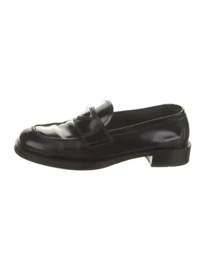 Pre-owned Prada Enameled Metal Triangle Leather Loafers In Black