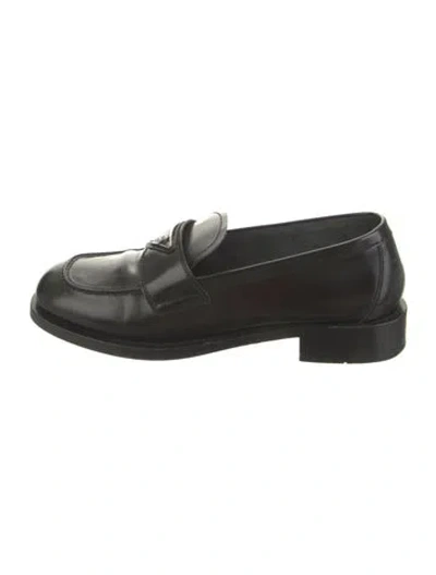 Pre-owned Prada Enameled Metal Triangle Leather Loafers In Black