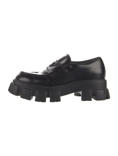 Pre-owned Prada Enameled Metal Triangle Leather Loafers In Black