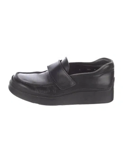 Pre-owned Prada Enameled Metal Triangle Leather Loafers In Black