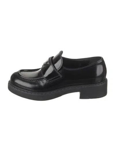 Pre-owned Prada Enameled Metal Triangle Leather Loafers In Black