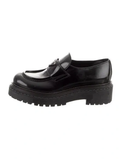 Pre-owned Prada Enameled Metal Triangle Leather Loafers In Black