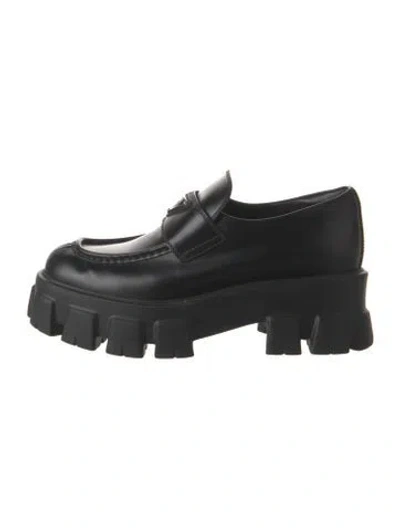 Pre-owned Prada Enameled Metal Triangle Leather Loafers In Black