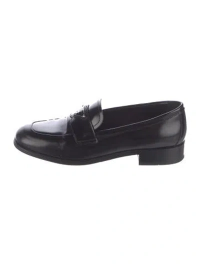 Pre-owned Prada Enameled Metal Triangle Leather Loafers In Black