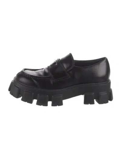 Pre-owned Prada Enameled Metal Triangle Leather Loafers In Black