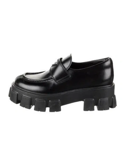 Pre-owned Prada Enameled Metal Triangle Leather Loafers In Black