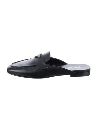Pre-owned Prada Enameled Metal Triangle Leather Loafers In Black