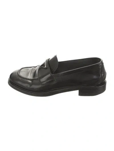 Pre-owned Prada Enameled Metal Triangle Leather Loafers In Black/green