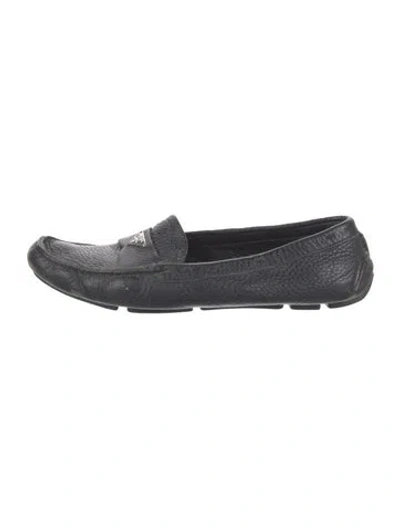 Pre-owned Prada Enameled Metal Triangle Leather Loafers In Blue