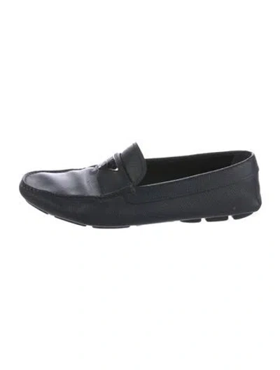 Pre-owned Prada Enameled Metal Triangle Leather Loafers In Blue