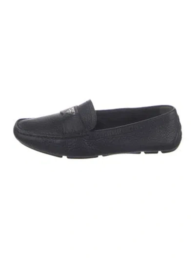 Pre-owned Prada Enameled Metal Triangle Leather Loafers In Blue