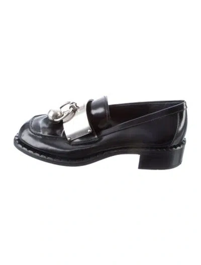 Pre-owned Prada Enameled Metal Triangle Leather Loafers In Blue