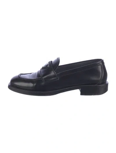 Pre-owned Prada Enameled Metal Triangle Leather Loafers In Blue
