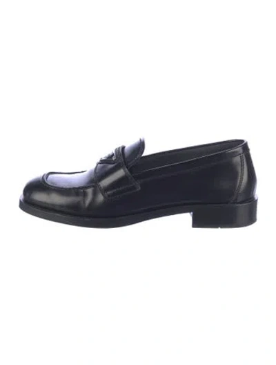Pre-owned Prada Enameled Metal Triangle Leather Loafers In Blue