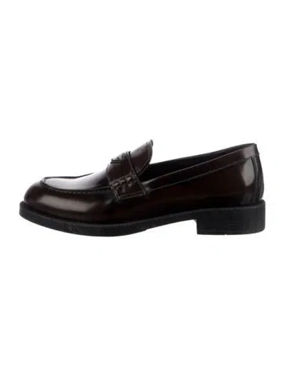 Pre-owned Prada Enameled Metal Triangle Leather Loafers In Brown