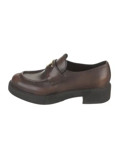 Pre-owned Prada Enameled Metal Triangle Leather Loafers In Brown